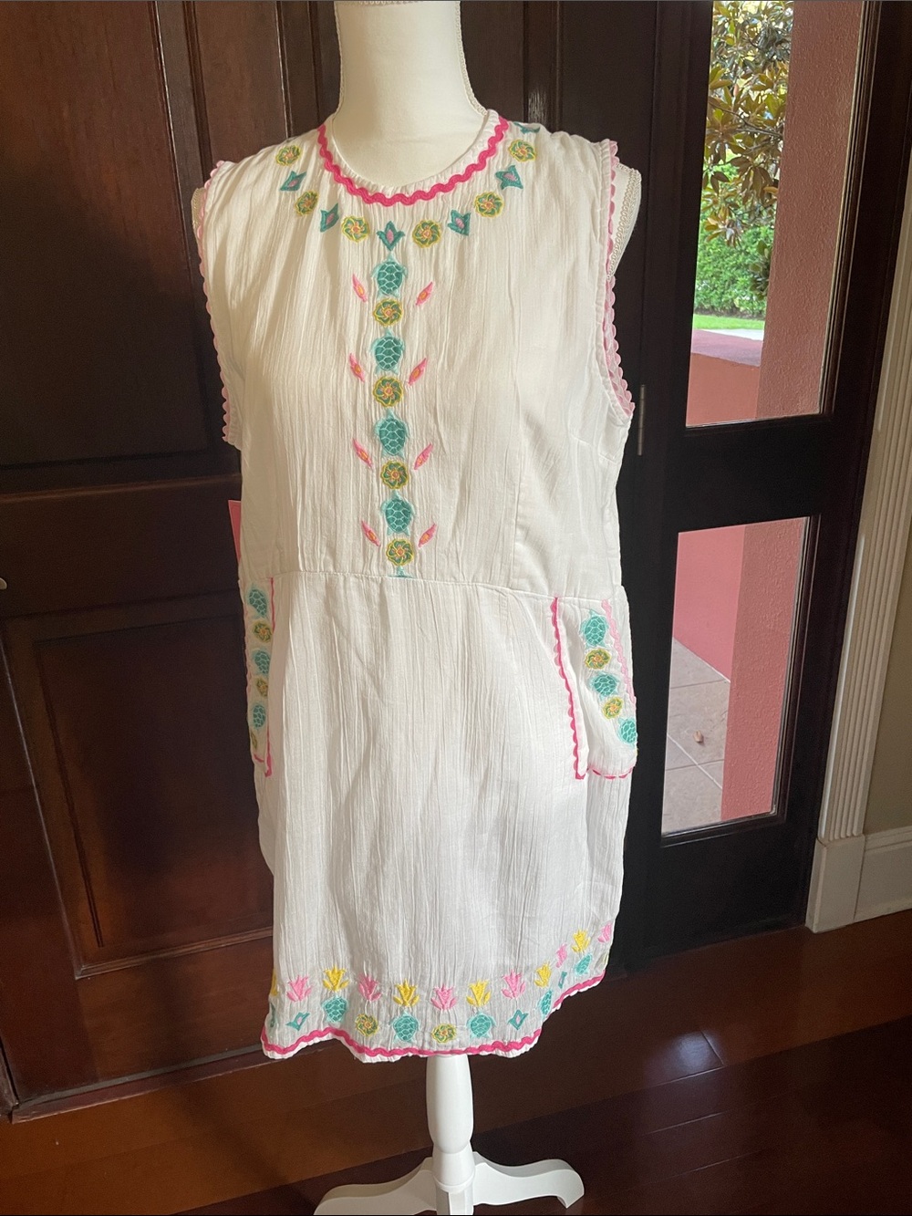 Simply Southern White Sleeveless Embroidered Cotton Tunic Dress with Pink Trim